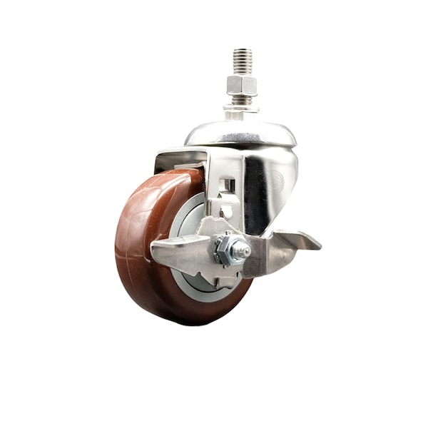 Service Caster 3 Inch 316SS Maroon Polyurethane Swivel 1/2 Inch Threaded Stem Caster with Brake SS316TS20S314-PPUB-MRN-TLB-121315 - main